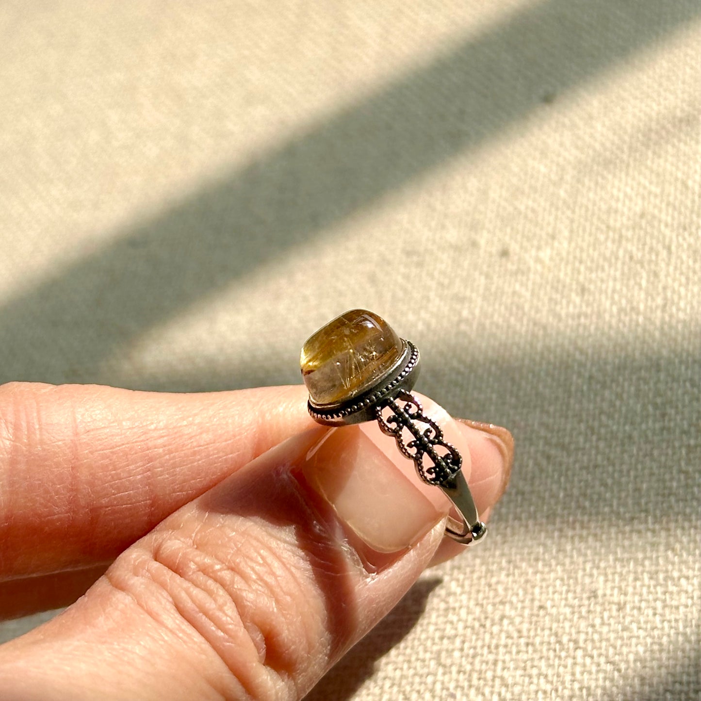 Golden Rutilated Quartz Cabochon Adjustable Sterling Silver Ring