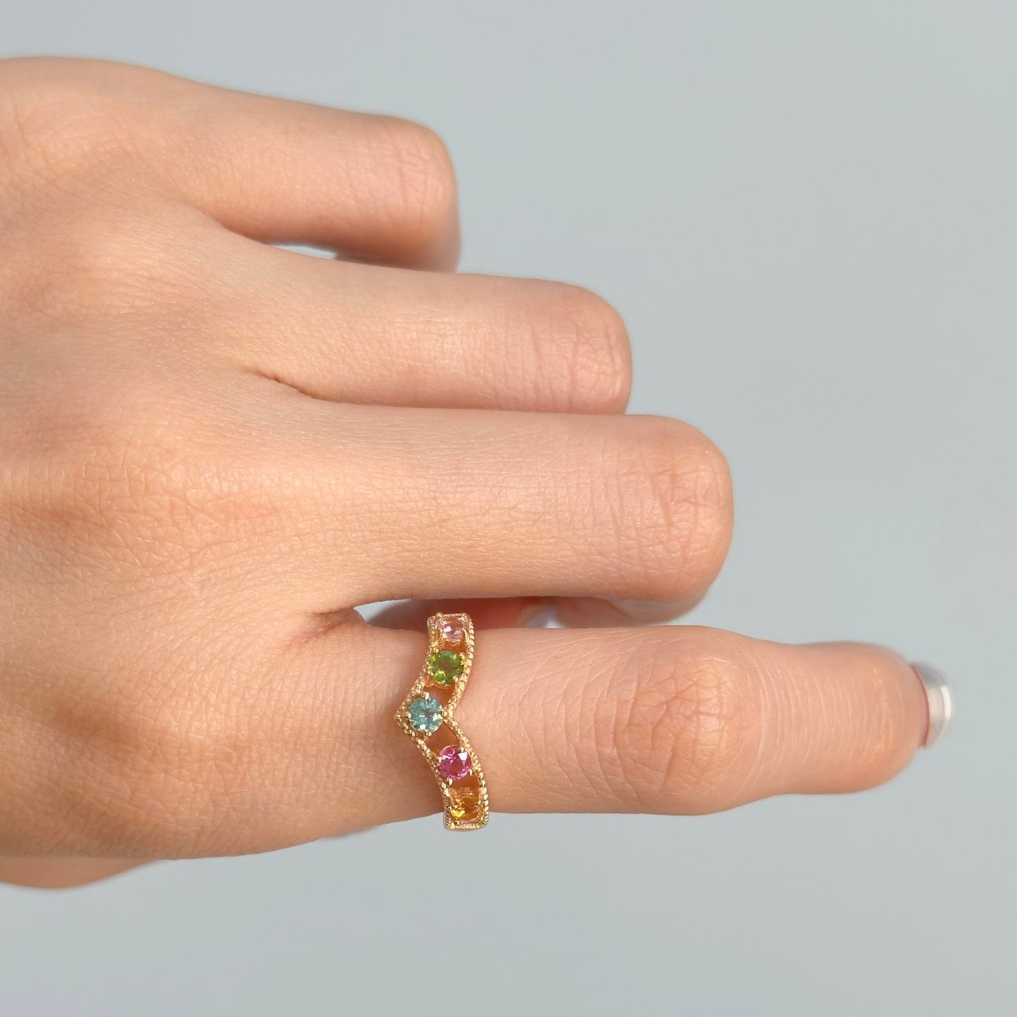 Mixed Tourmaline V-shaped Adjustable Gold-plated Ring