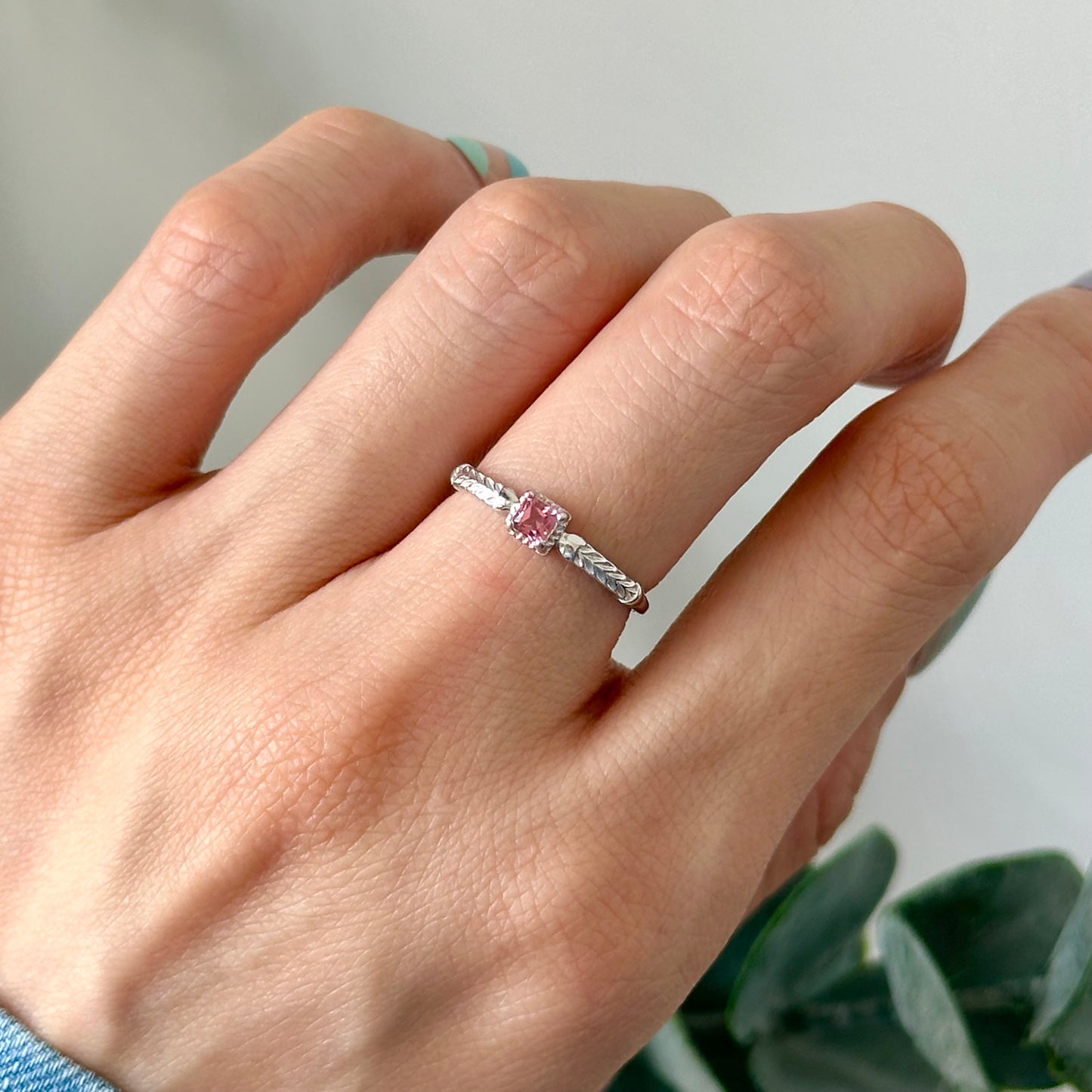 Pink Tourmaline Square Adjustable Sterling Silver Ring