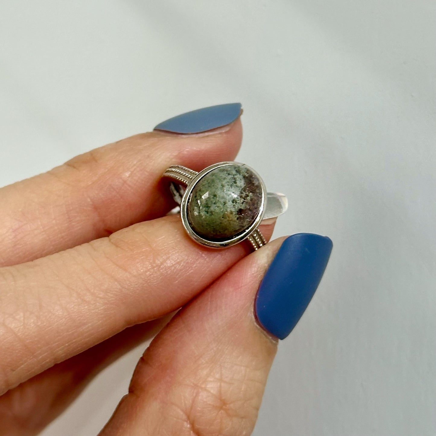 Green Phantom Quartz Cabochon Adjustable Sterling Silver Ring