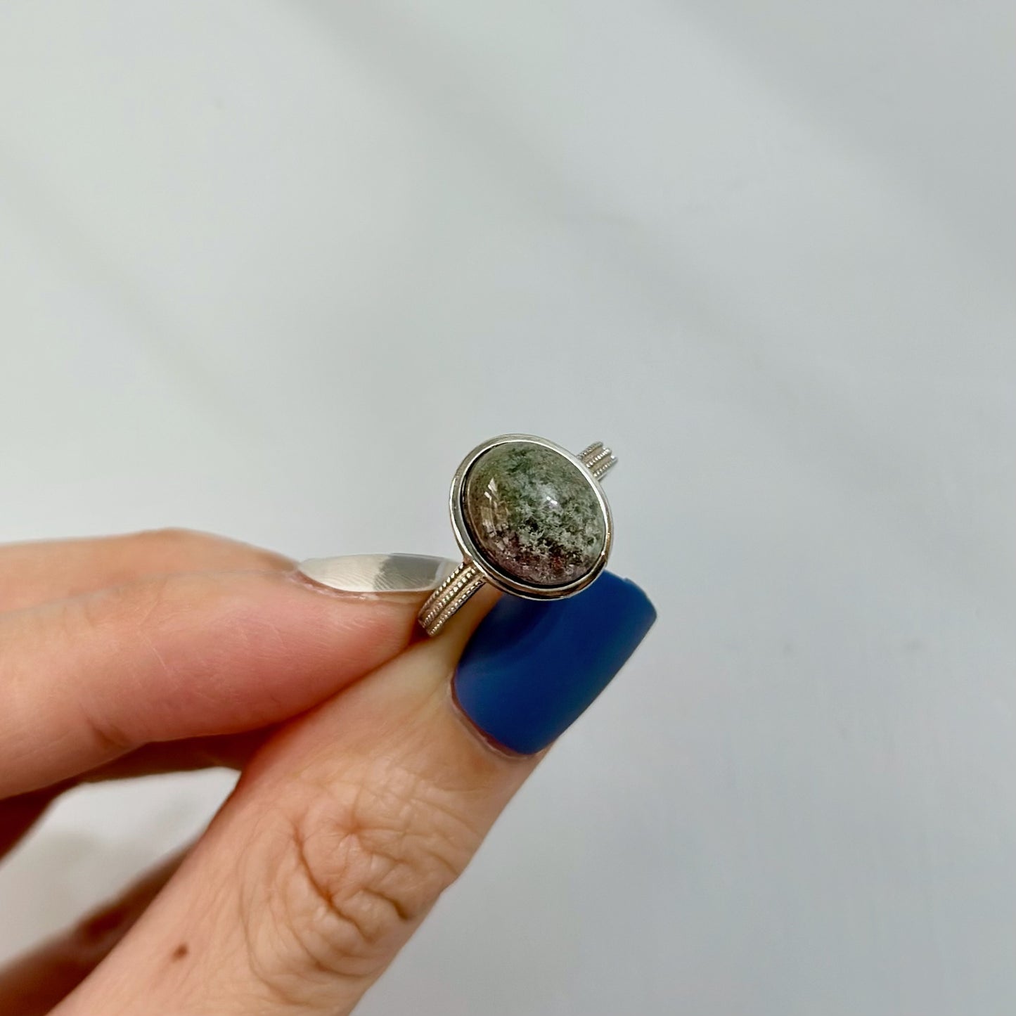 Green Phantom Quartz Cabochon Adjustable Sterling Silver Ring