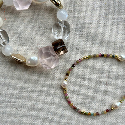 Rose Quartz and Clear Quartz Mixed Smoky Quartz Beaded Stretched Bracelet