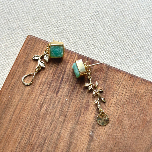 Green Druzy Leaves Two-Way Gold-plated Earring