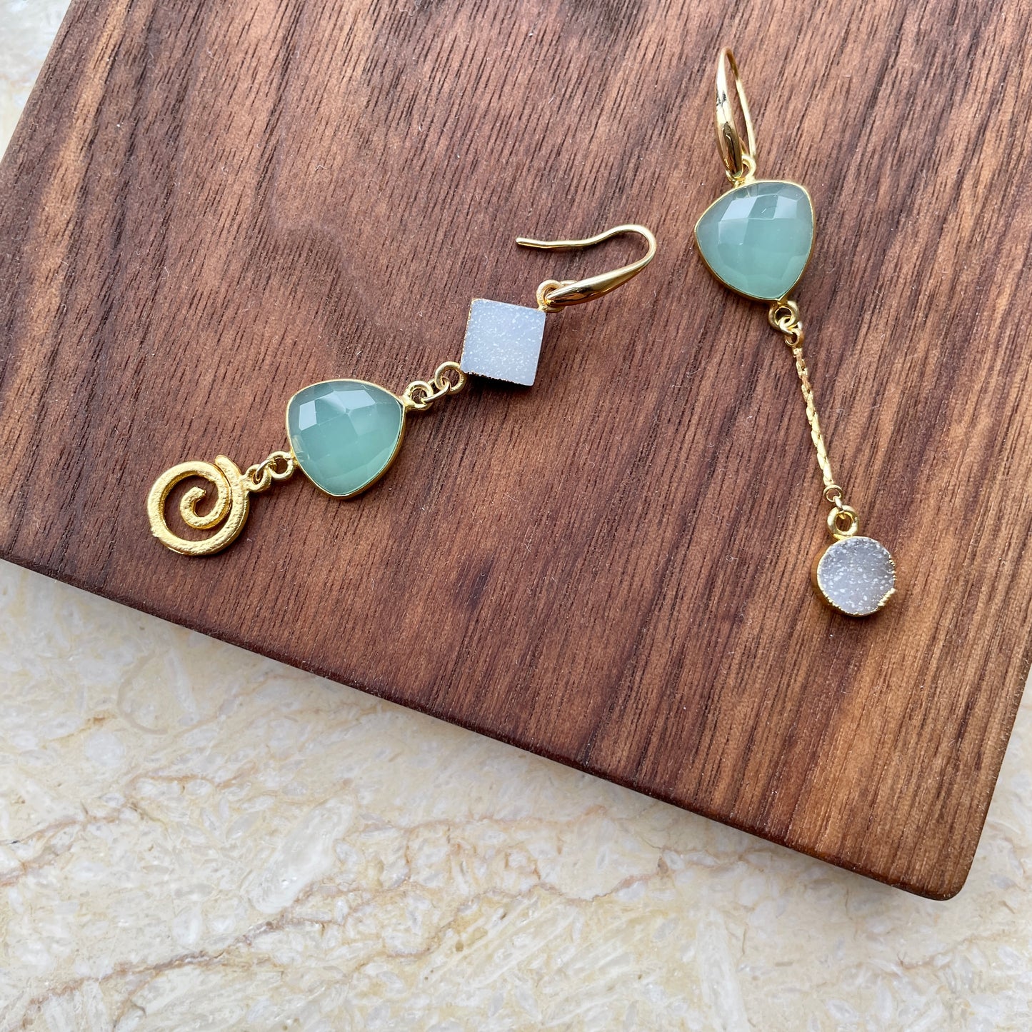 Green Chalcedony And White Druzy Stone Earring