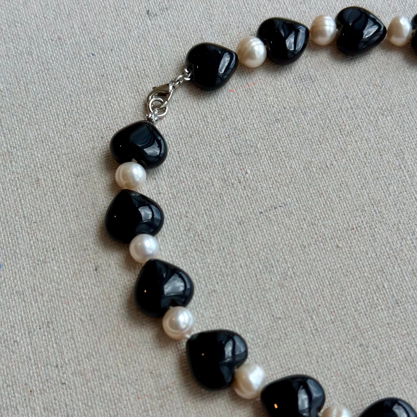 Black Onyx Heart And Freshwater Pearl Beaded Necklace