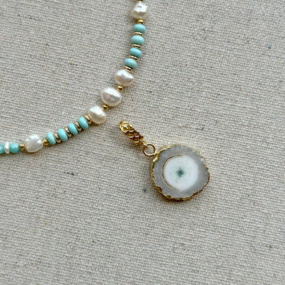 Agate Pendant Mixed Turquoise And Amazonite Beaded Choker Necklace