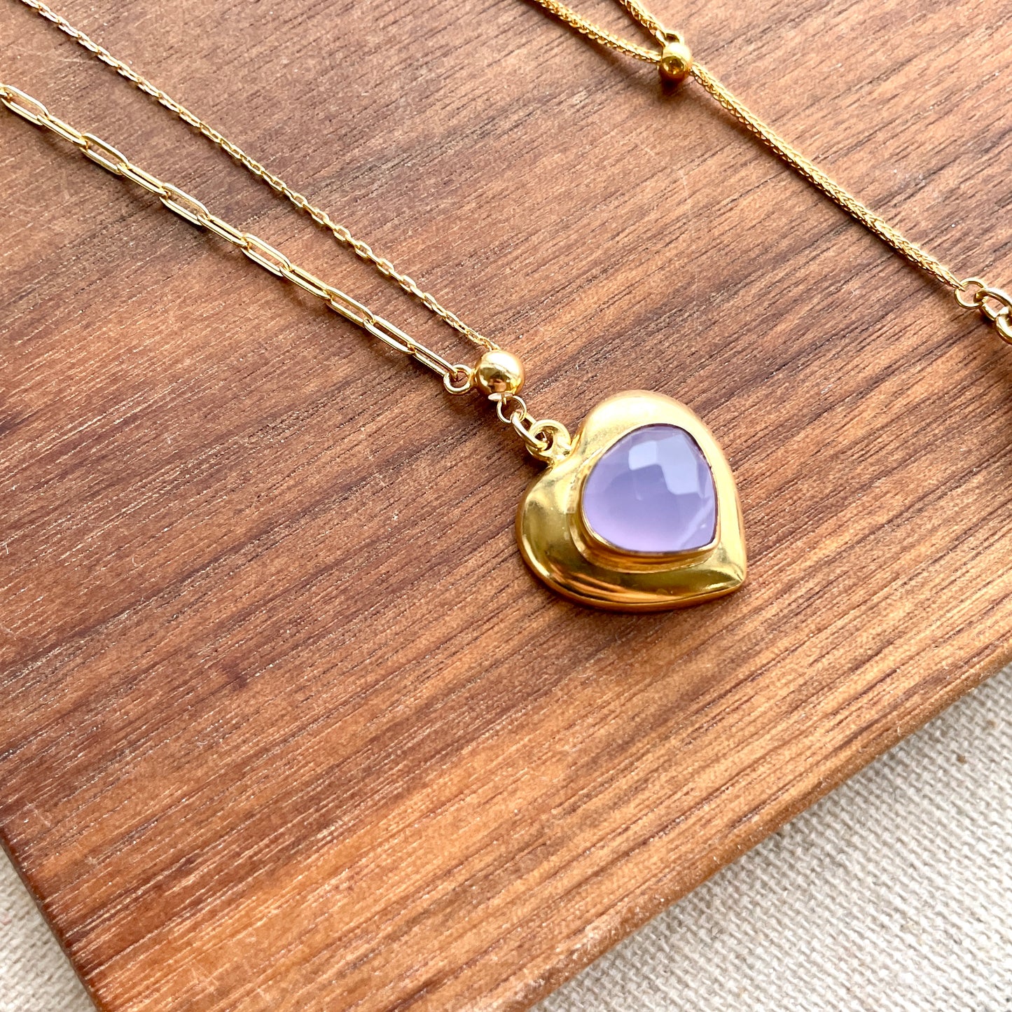 Lavender Chalcedony Heart Pendant Adjustable Y-shaped Gold-plated Necklace