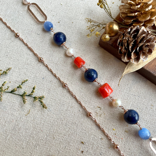 Lapis And Coral Beaded Rose Gold-plated Italian Sterling Silver Chain Necklace