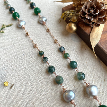 Agate And Moss Agate Beaded Rose Gold-plated Italian Sterling Silver Chain Necklace