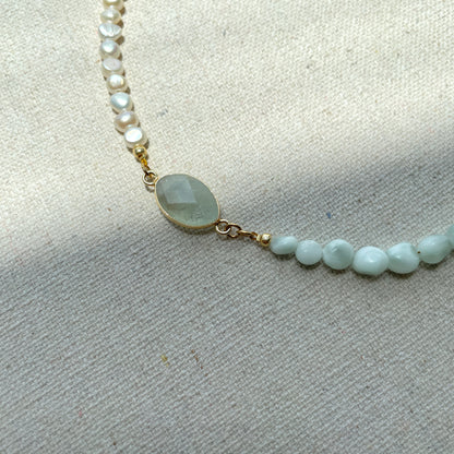 Aquamarine With Larimar And Baroque Pearl Beaded Choker Necklace