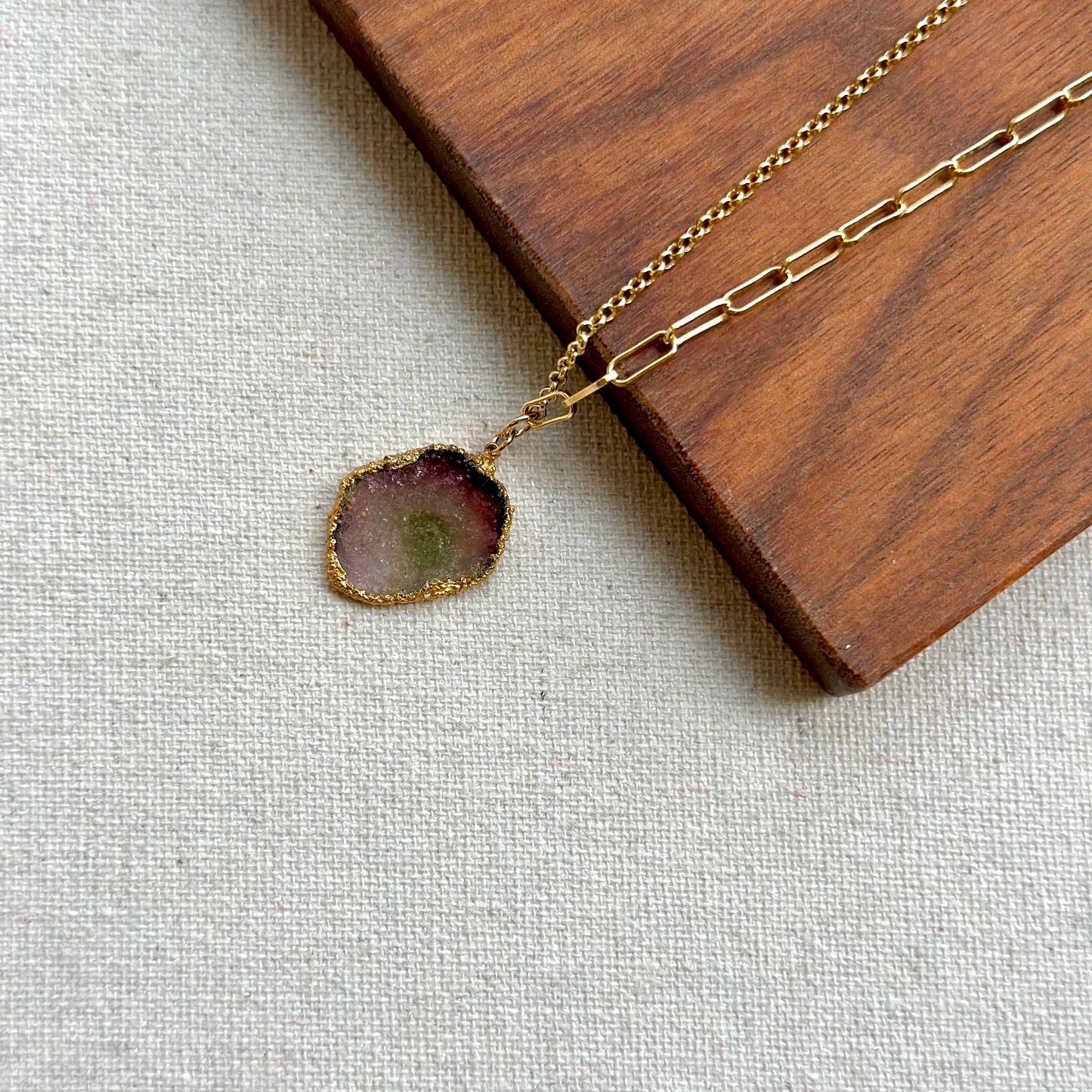 Watermelon Tourmaline Asymmetric Gold-plated Sterling Silver Necklace