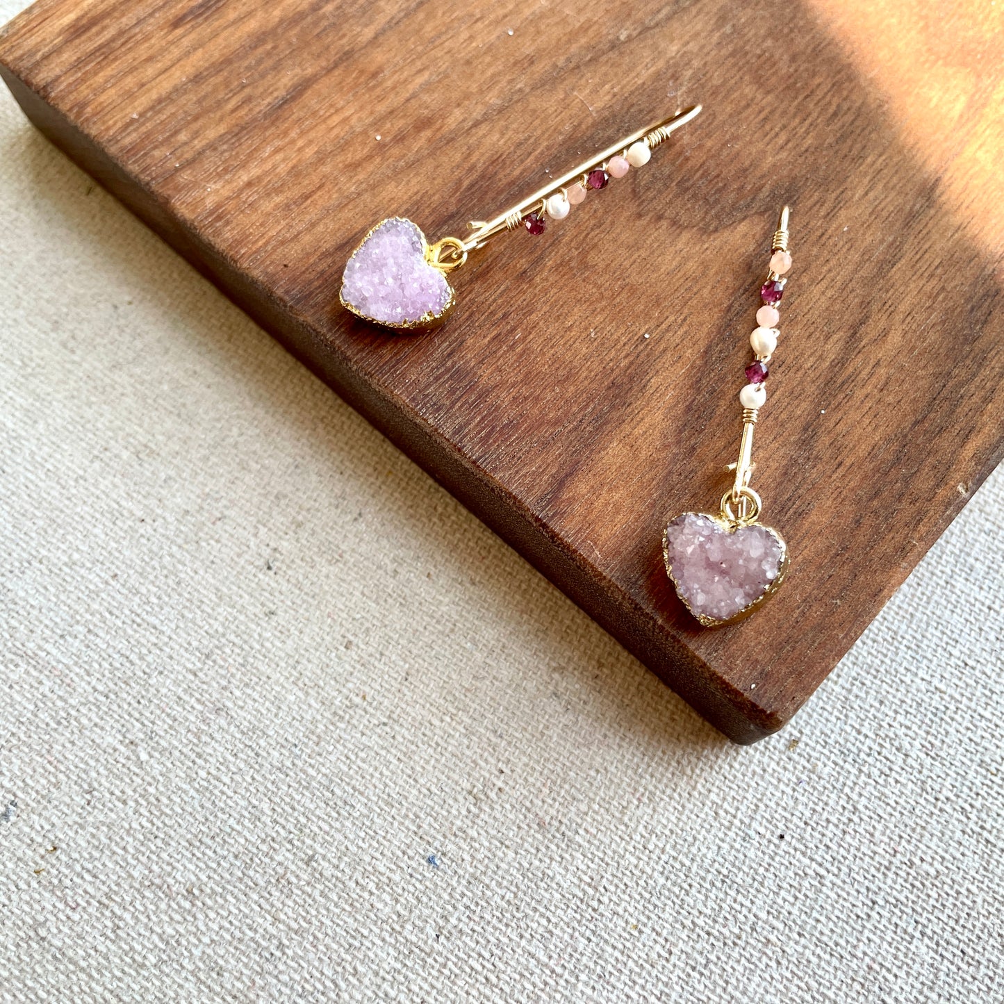 Heart-shaped Druzy Stones Wire Wrapping 14k Gold-filled Earring