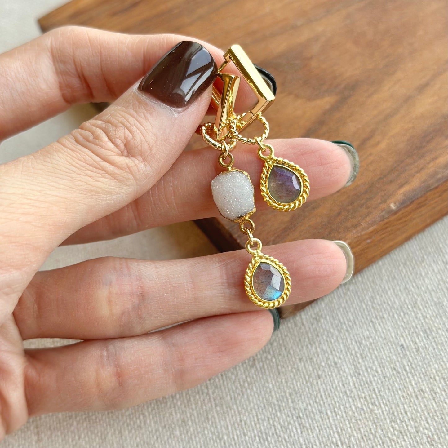 Labradorite And Druzy Two-way Gold-plated Ear Hoop