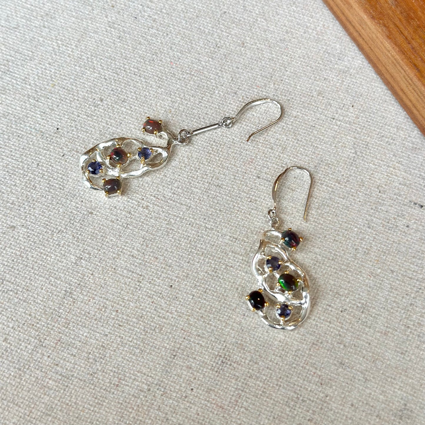 Black Opal And Iolite In Abstract Sterling Silver Earring