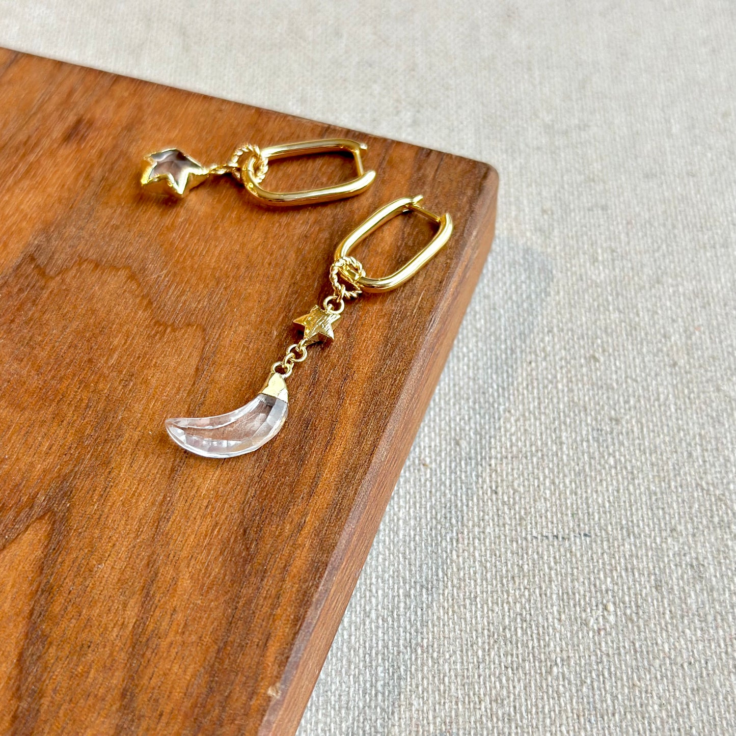 Clear Quartz Star And Moon Gold-plated Two-way Ear Hoop