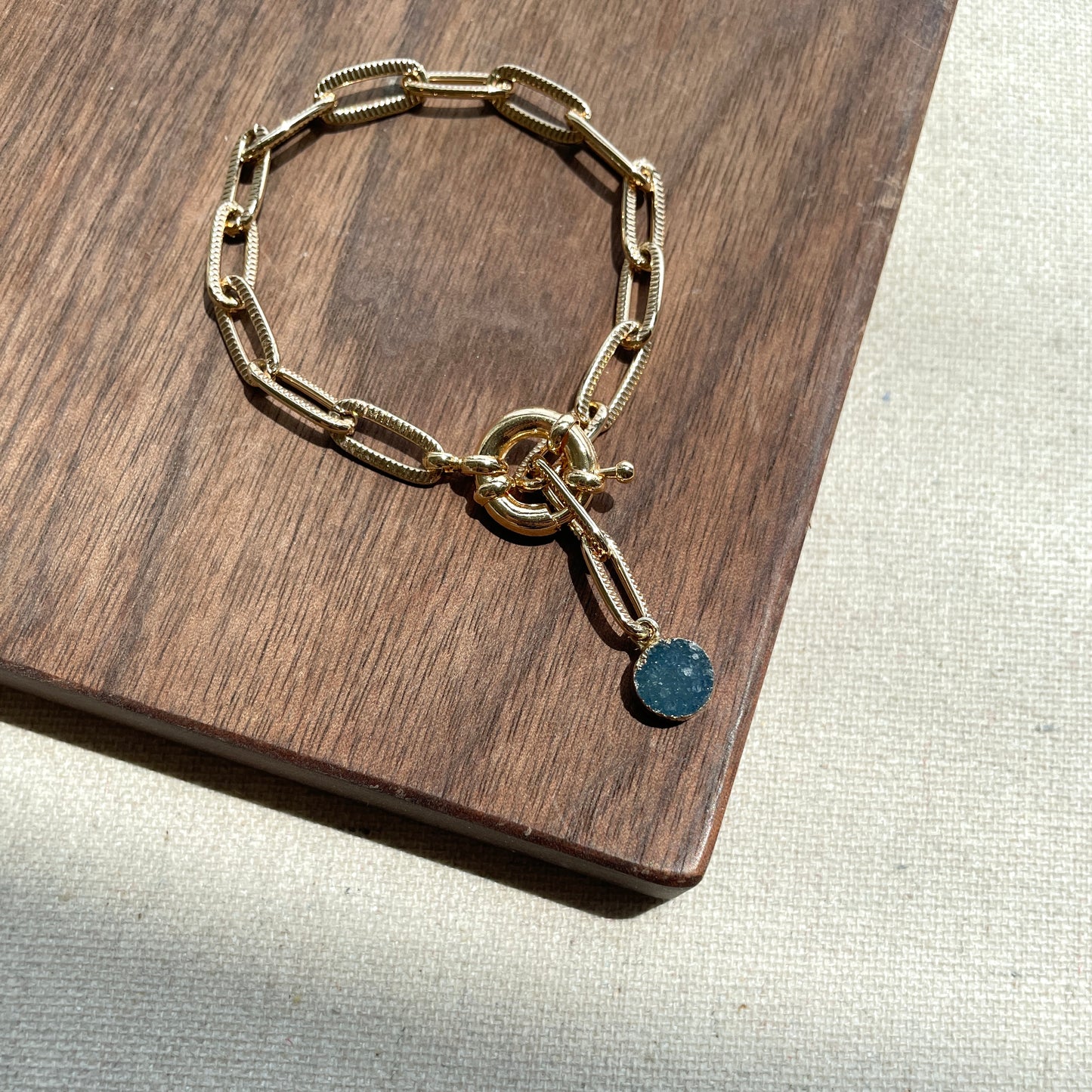 Blue Druzy Stone Oval Link Chain Bracelet