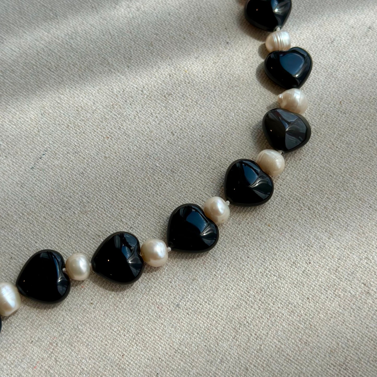 Black Onyx Heart And Freshwater Pearl Beaded Necklace