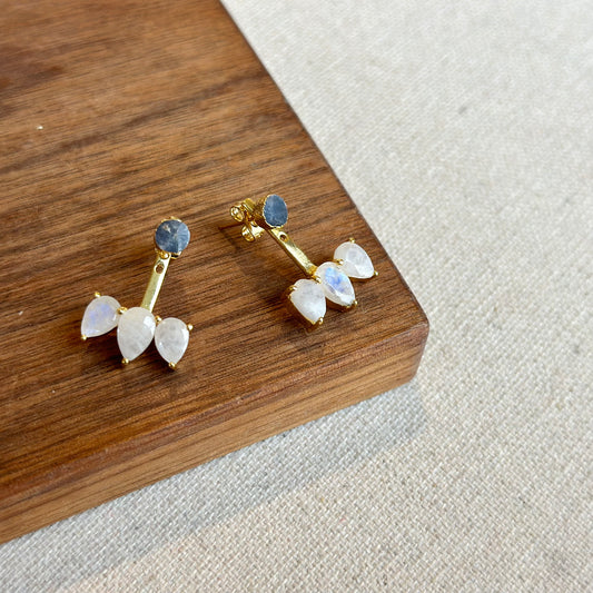 Sapphire Raw Stone And Moonstone Two-way Gold-plated Earring