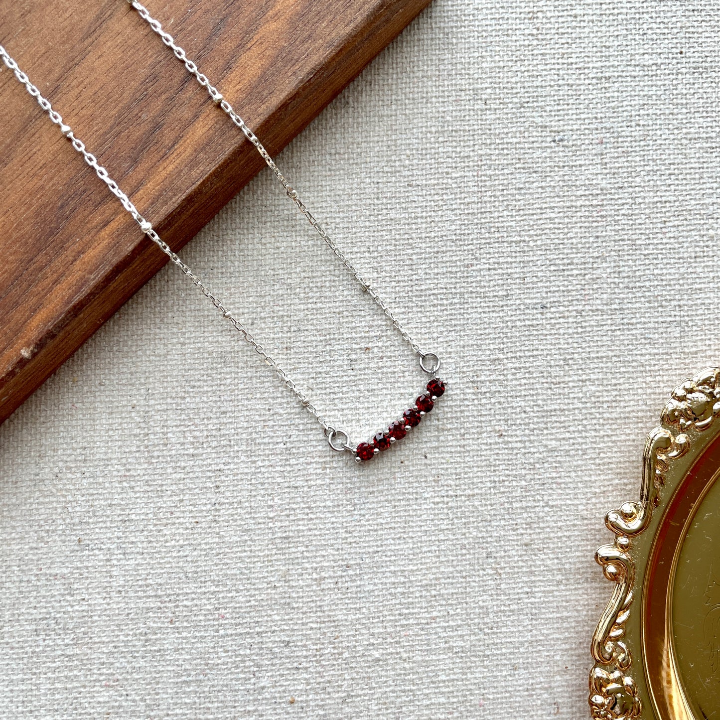 Tiny Garnet Bar Sterling Silver Necklace