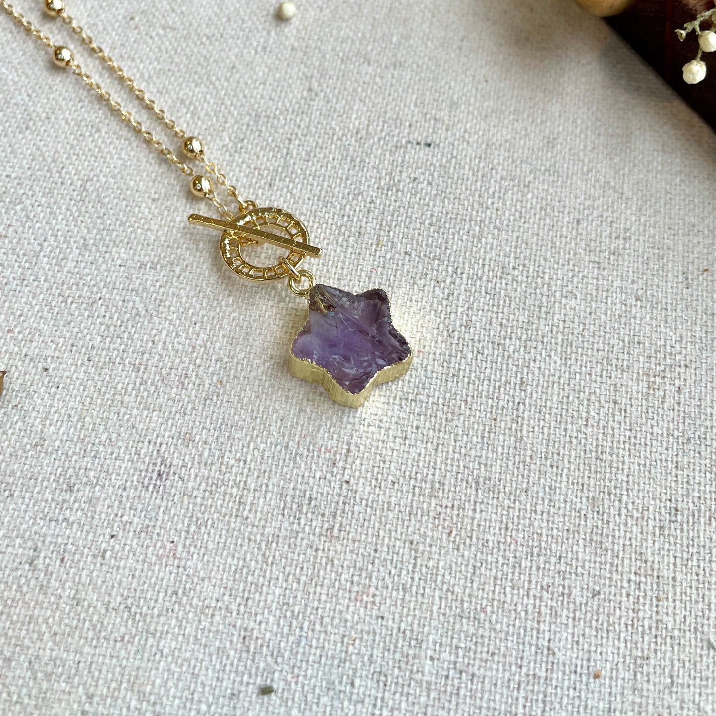 Star-shaped Amethyst Raw Stone Long Gold-plated Necklace