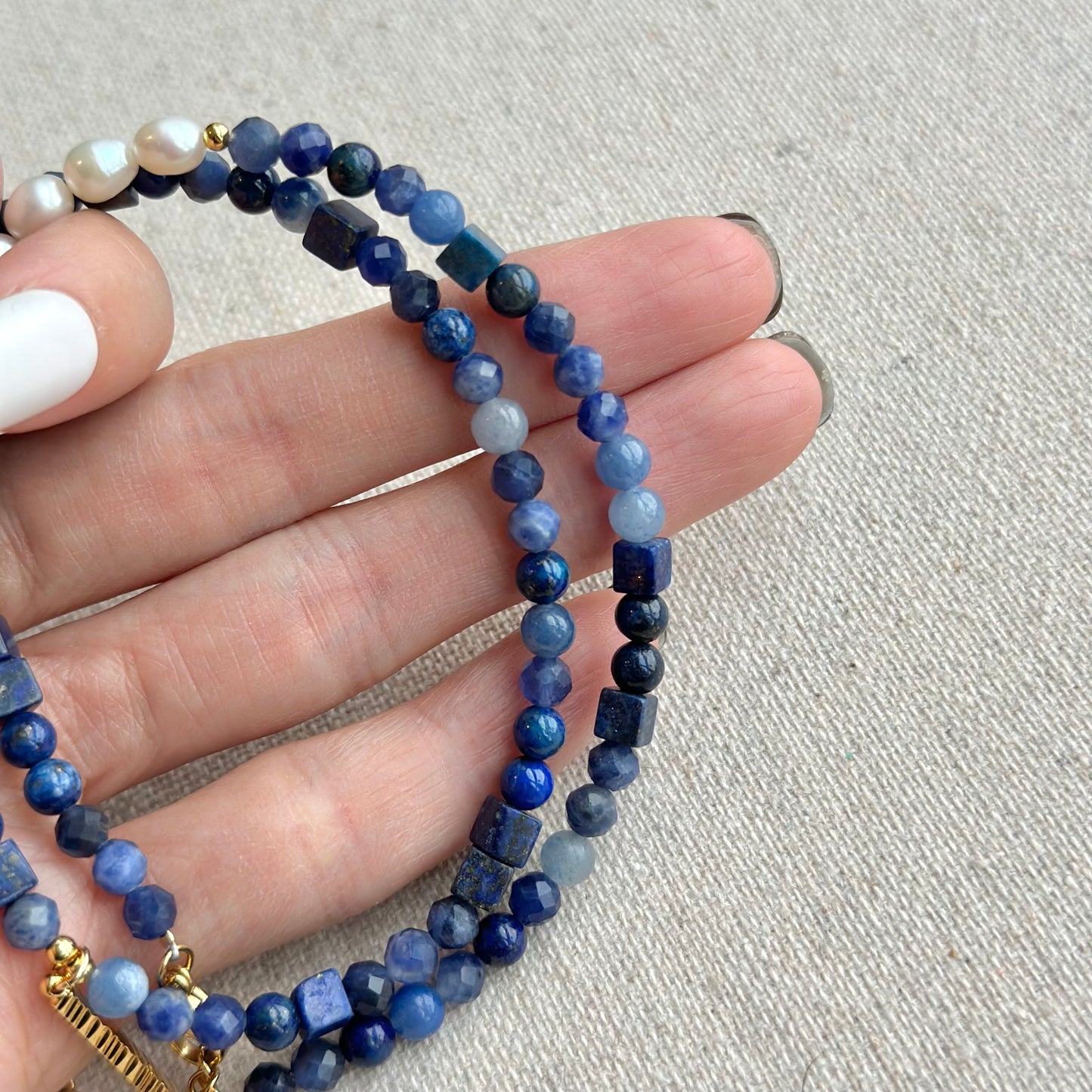 Mixed Shape Lapis And Sodalite  Beaded Asymmetric Choker Necklace