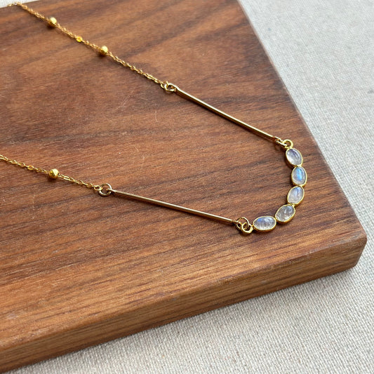 Curved Moonstone Mixed Chain Gold-plated Sterling Silver Necklace