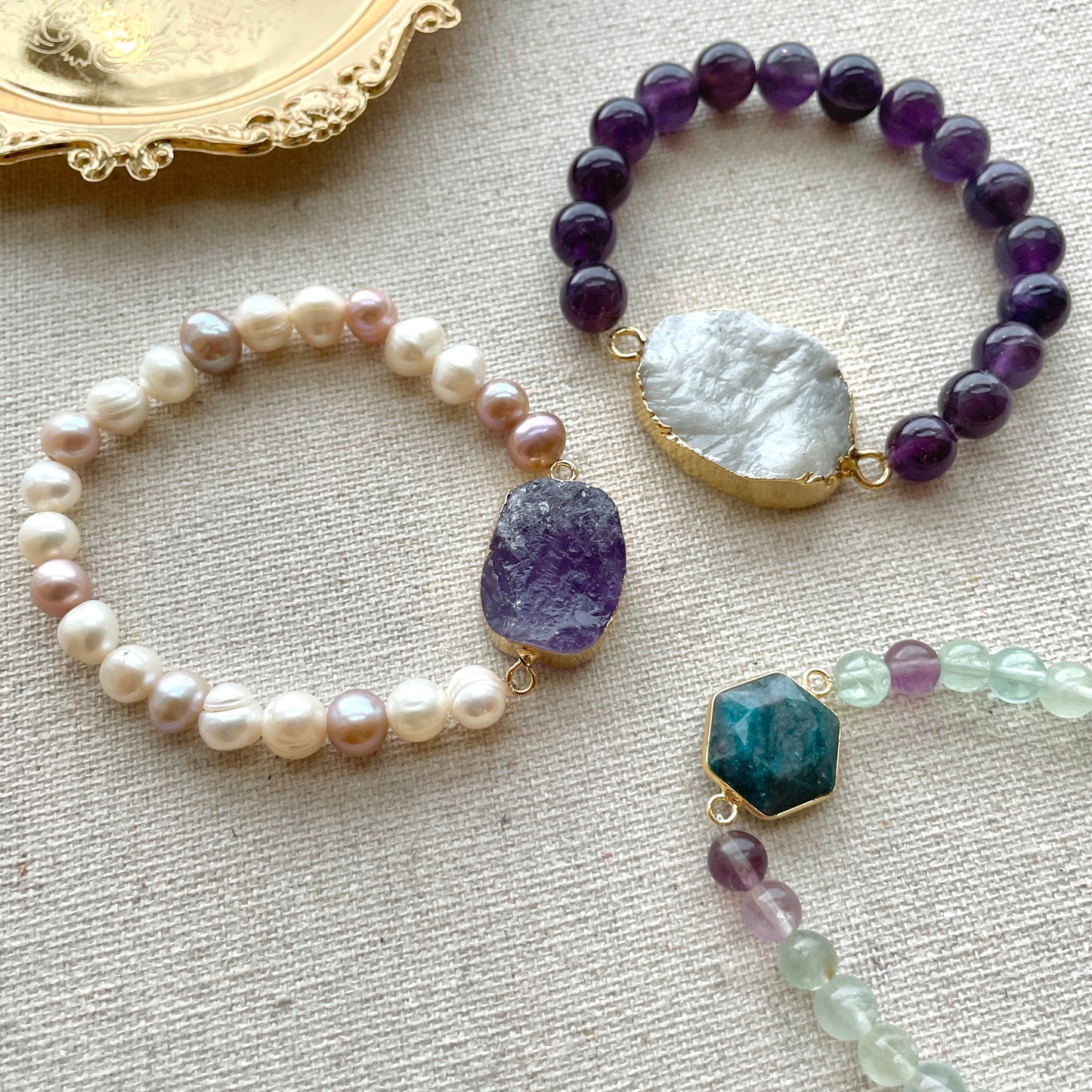 Amethyst Raw Stone And Freshwater Pearl Beaded Bracelet