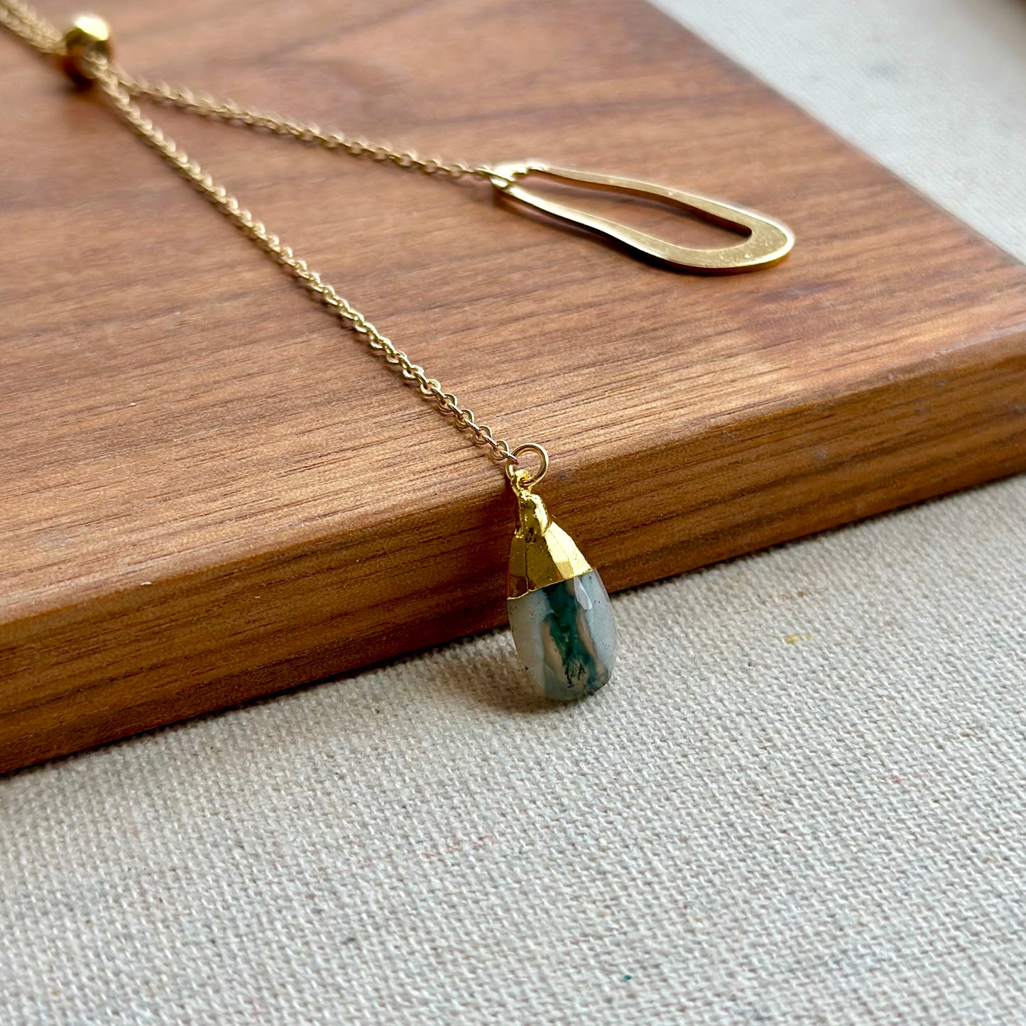 Moss Agate Geometric Y-shaped Long Gold-plated Necklace