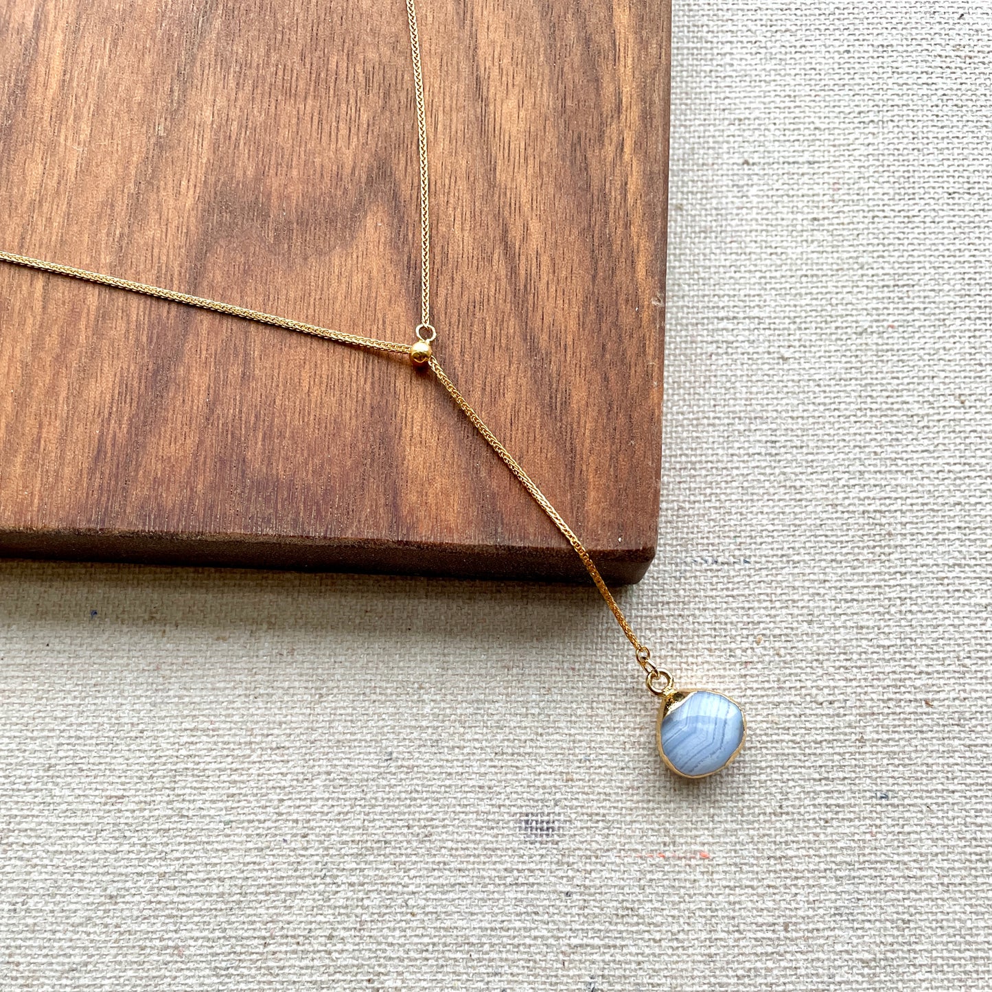 Blue Lace Agate Adjustable Y-shaped Gold-plated Necklace