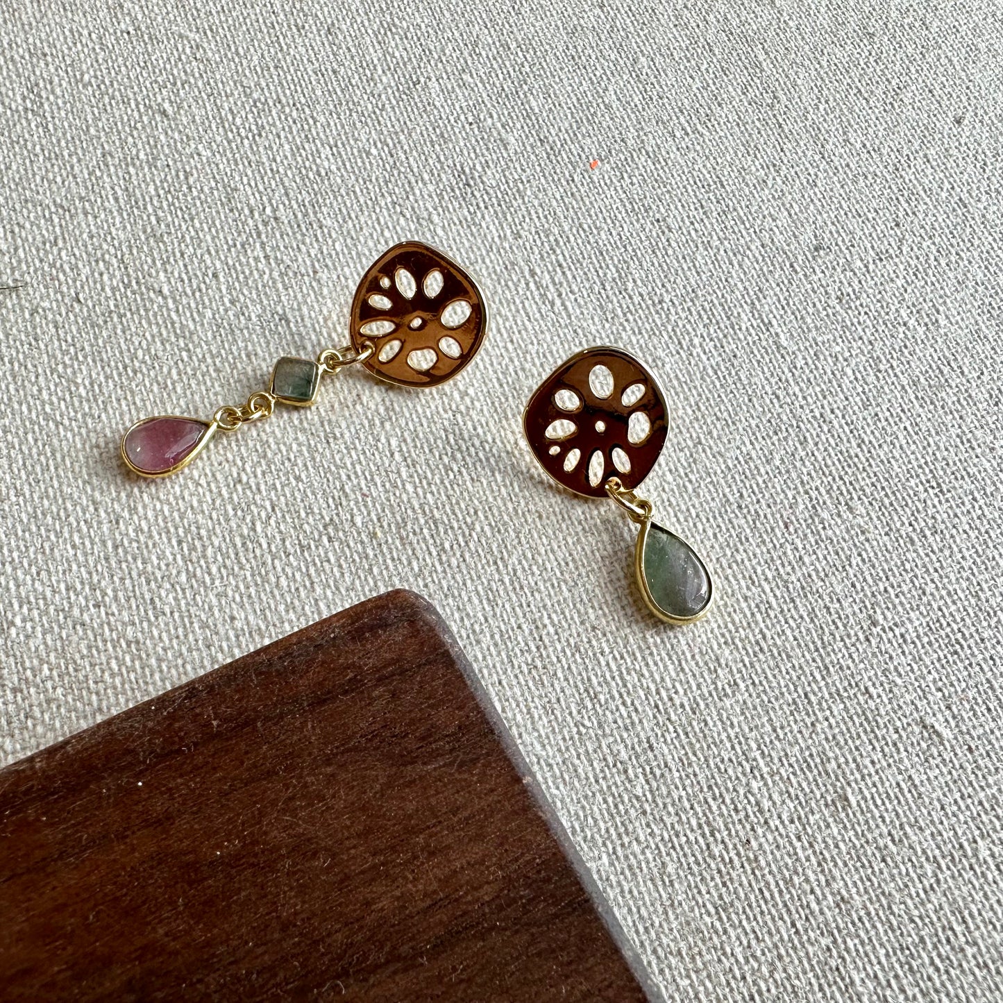 Watermelon Tourmaline Asymmetric Gold-plated Earring