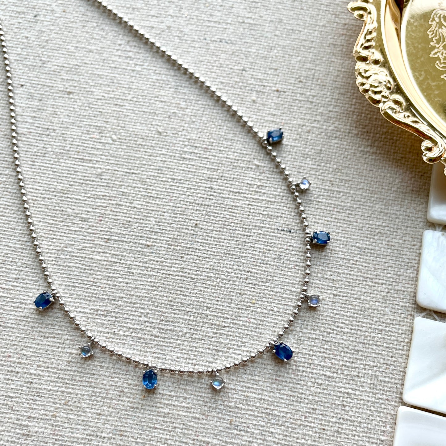 Sapphire And Moonstone Dangling Sterling Silver Necklace