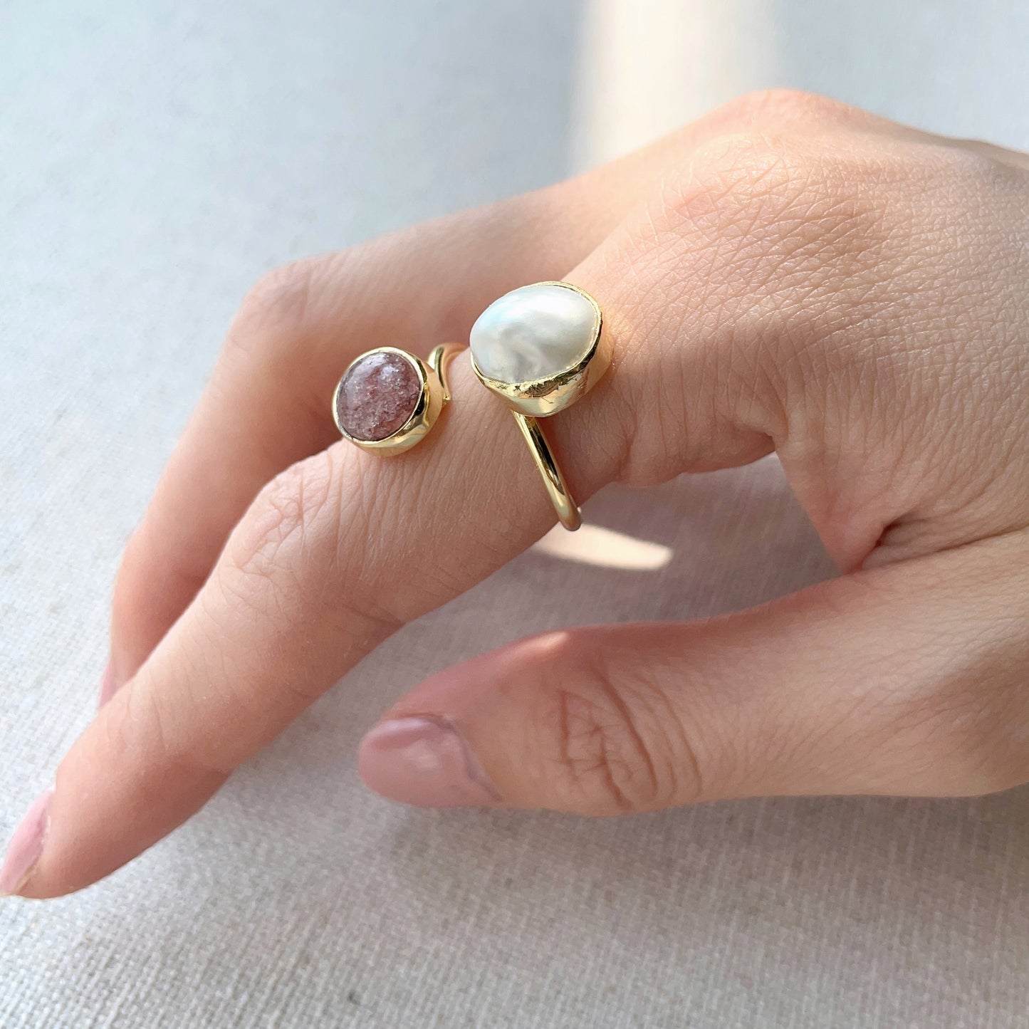 Strawberry Quartz And Freshwater Pearl Adjustable Gold-plated Ring