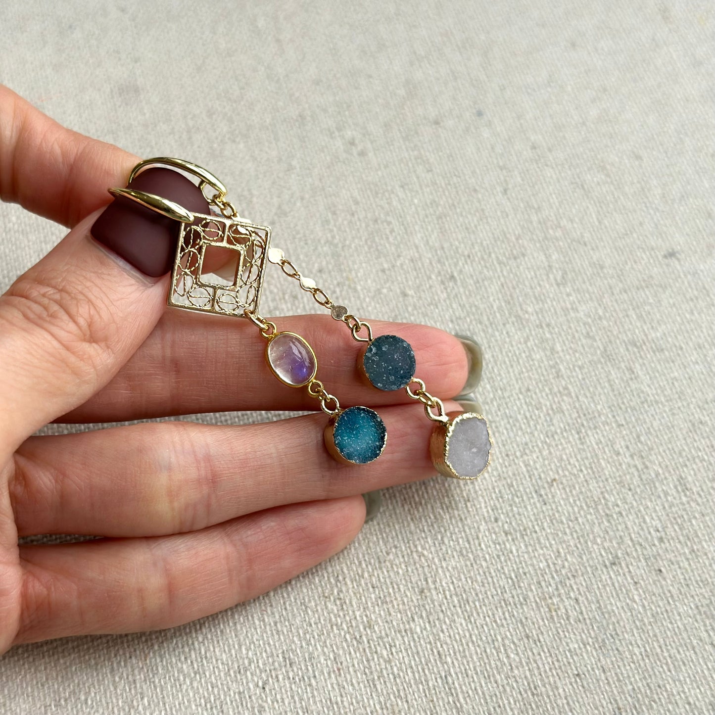 Druzy Stone And Moonstone Geometric Gold-plated Earring