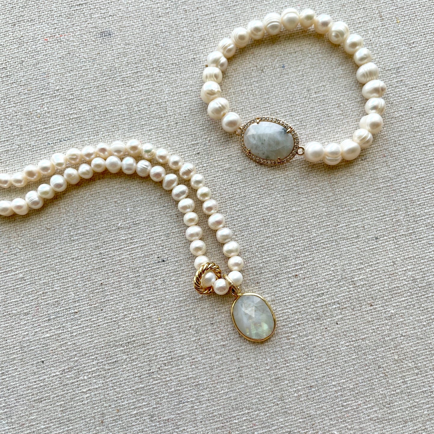 Moonstone And Freshwater Pearl Beaded Bracelet