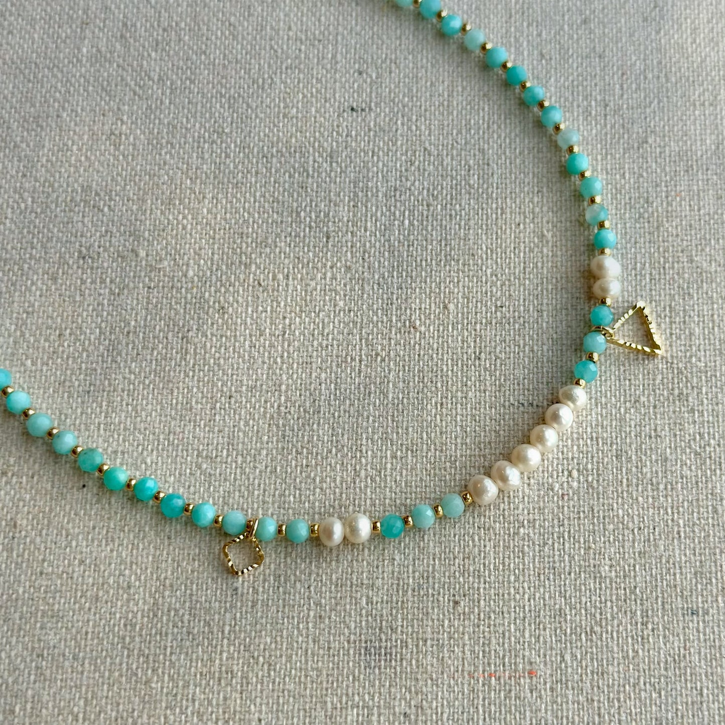 Amazonite And Freshwater Pearl Beaded Asymmetric Necklace