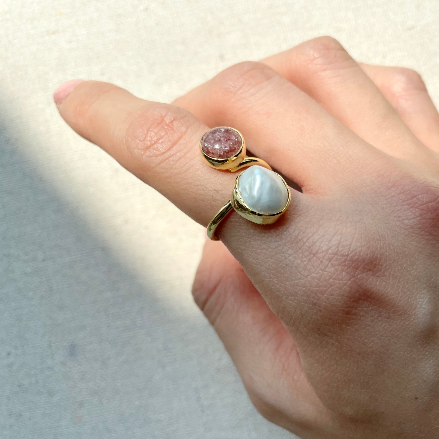 Strawberry Quartz And Freshwater Pearl Adjustable Gold-plated Ring