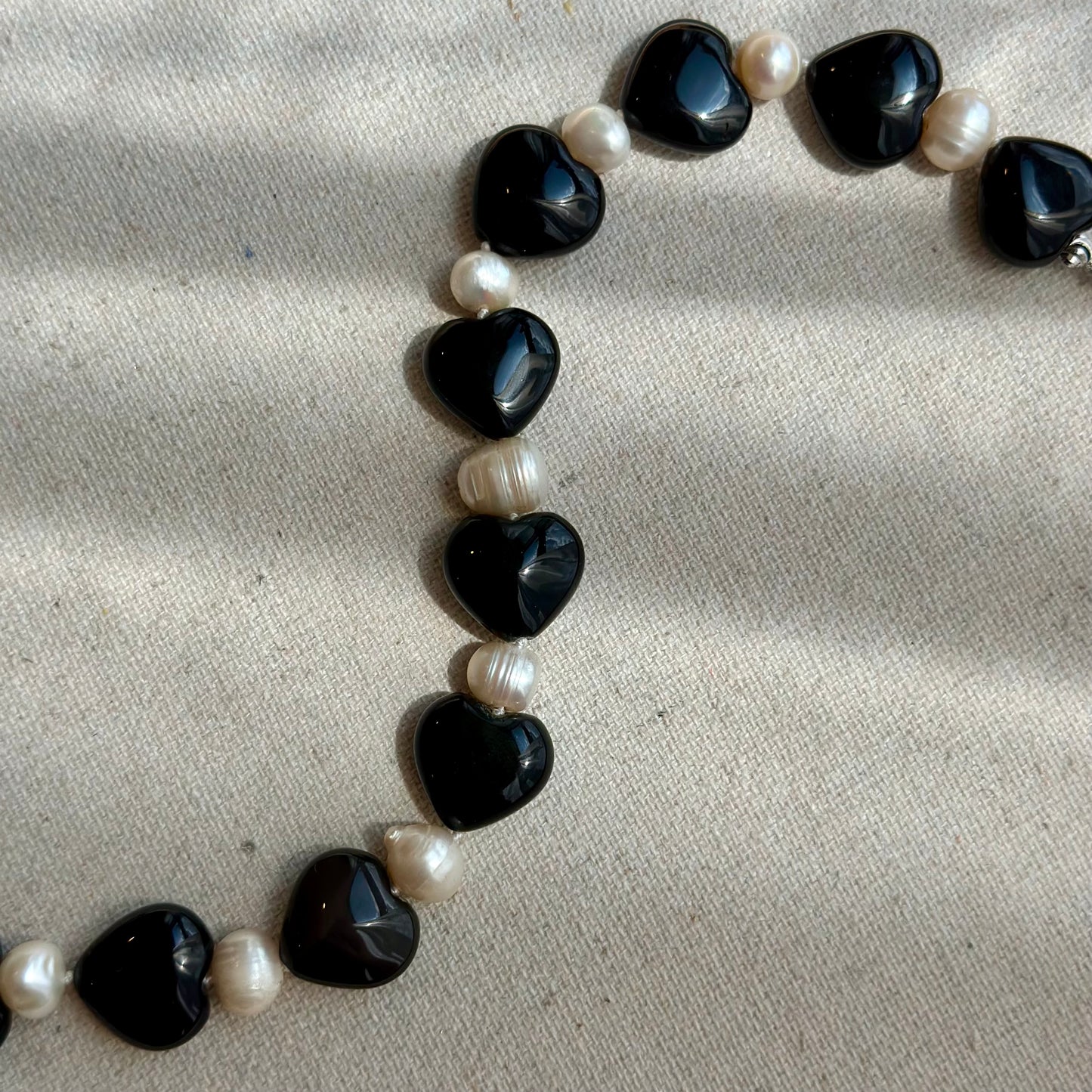 Black Onyx Heart And Freshwater Pearl Beaded Necklace