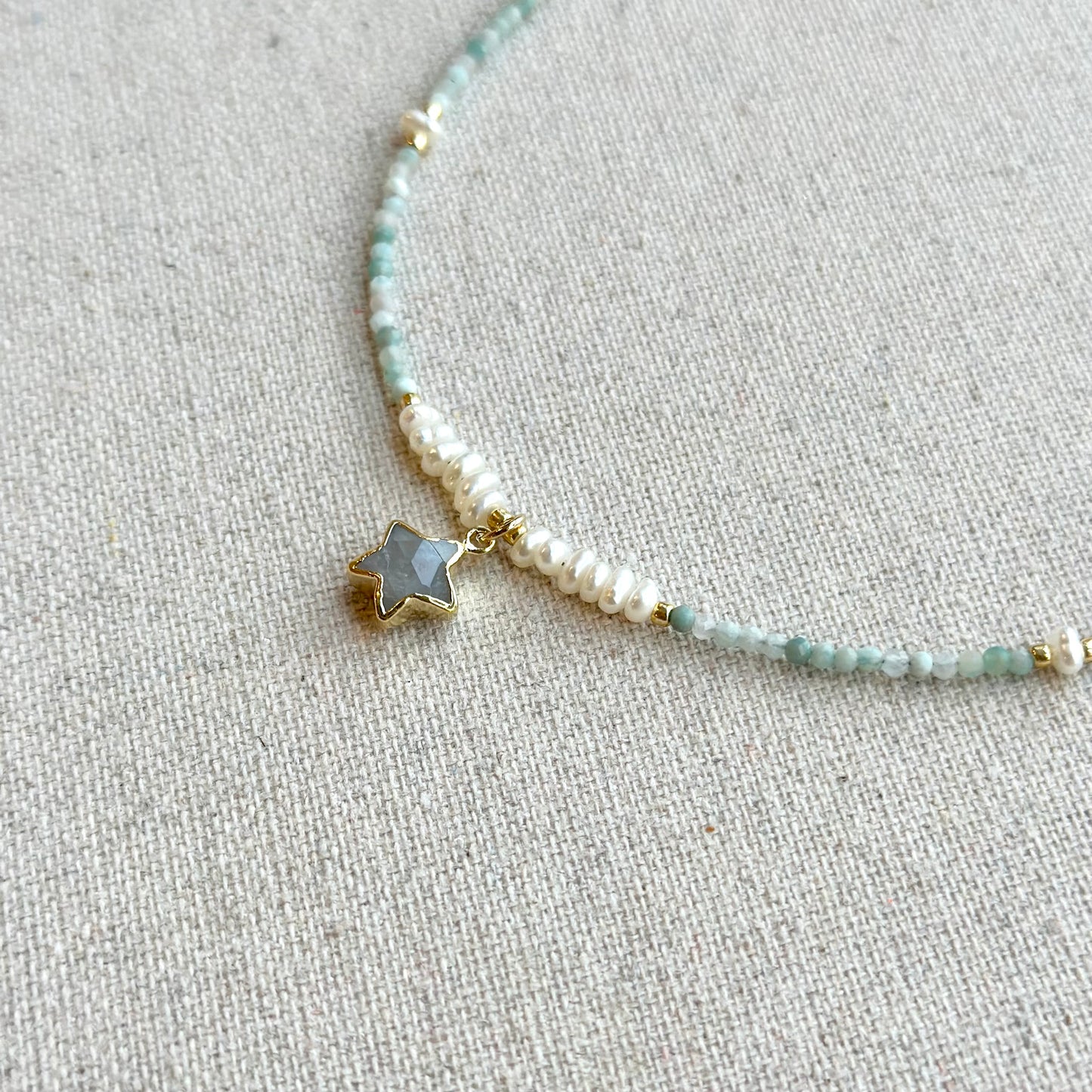 Star-shaped Moonstone And Amazonite With Freshwater Pearl Beaded Necklace