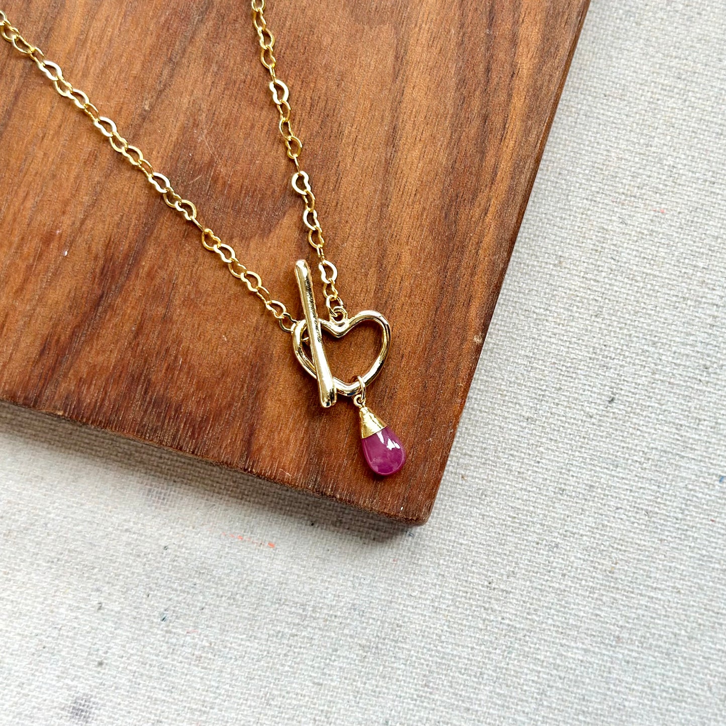 Pink Sapphire Heart Hoop Toggle Gold-plated Sterling Silver Necklace