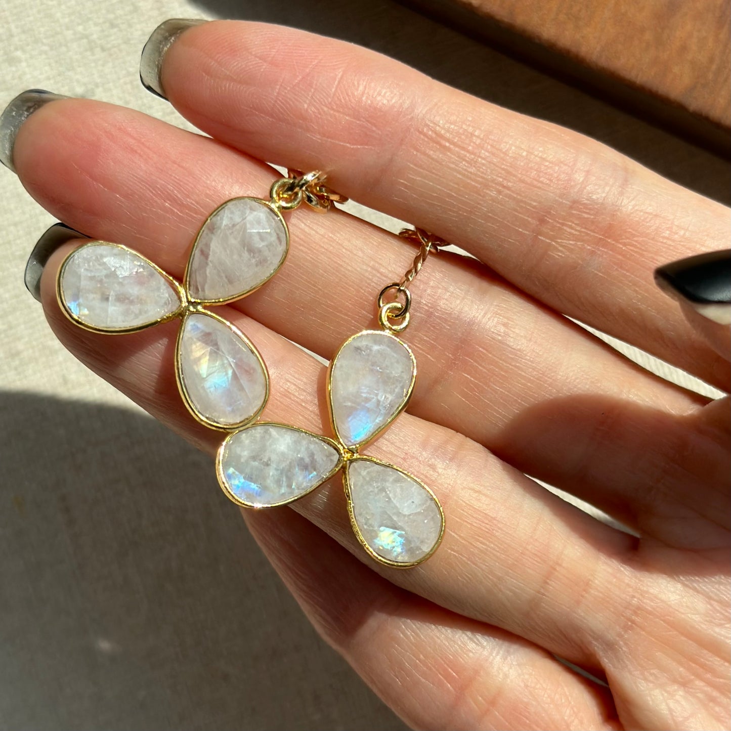 Rainbow Moonstone In Three Gold-plated Earring