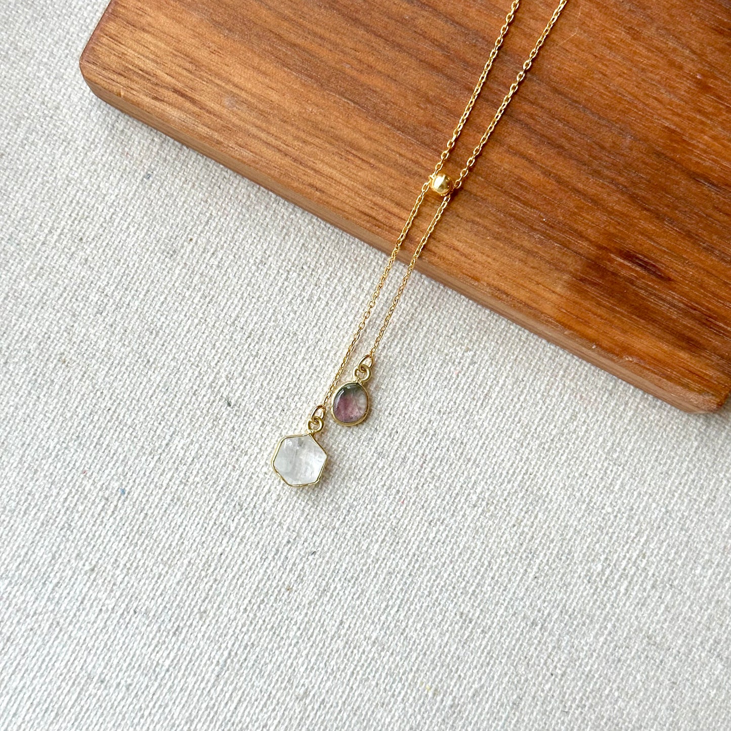 Watermelon Tourmaline And Moonstone Y-shaped Gold-plated Sterling Silver Necklace