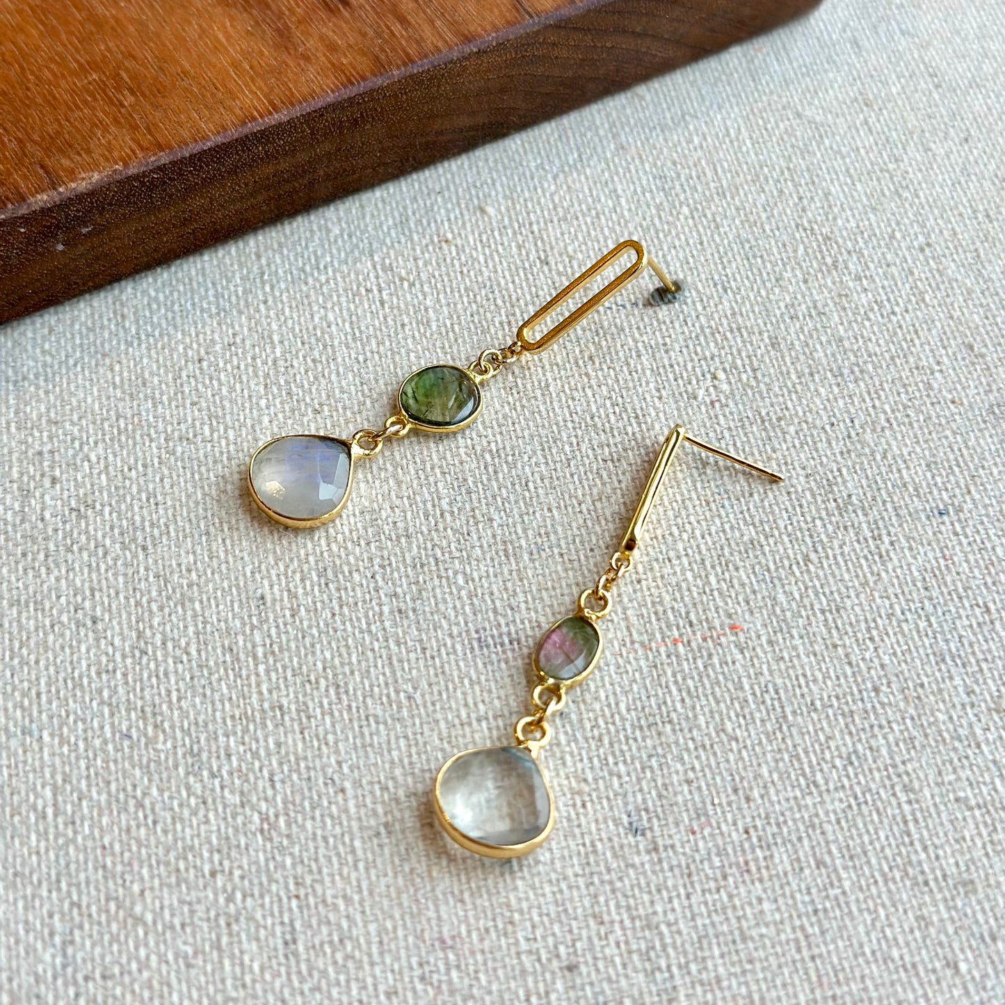 Watermelon Tourmaline And Moonstone Gold-plated Earring