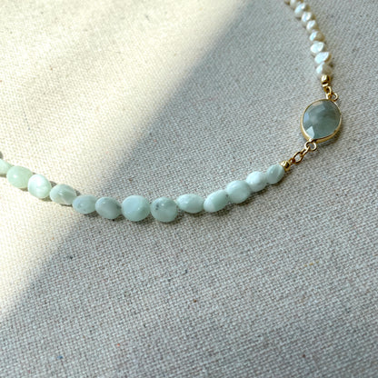 Aquamarine With Larimar And Baroque Pearl Beaded Choker Necklace