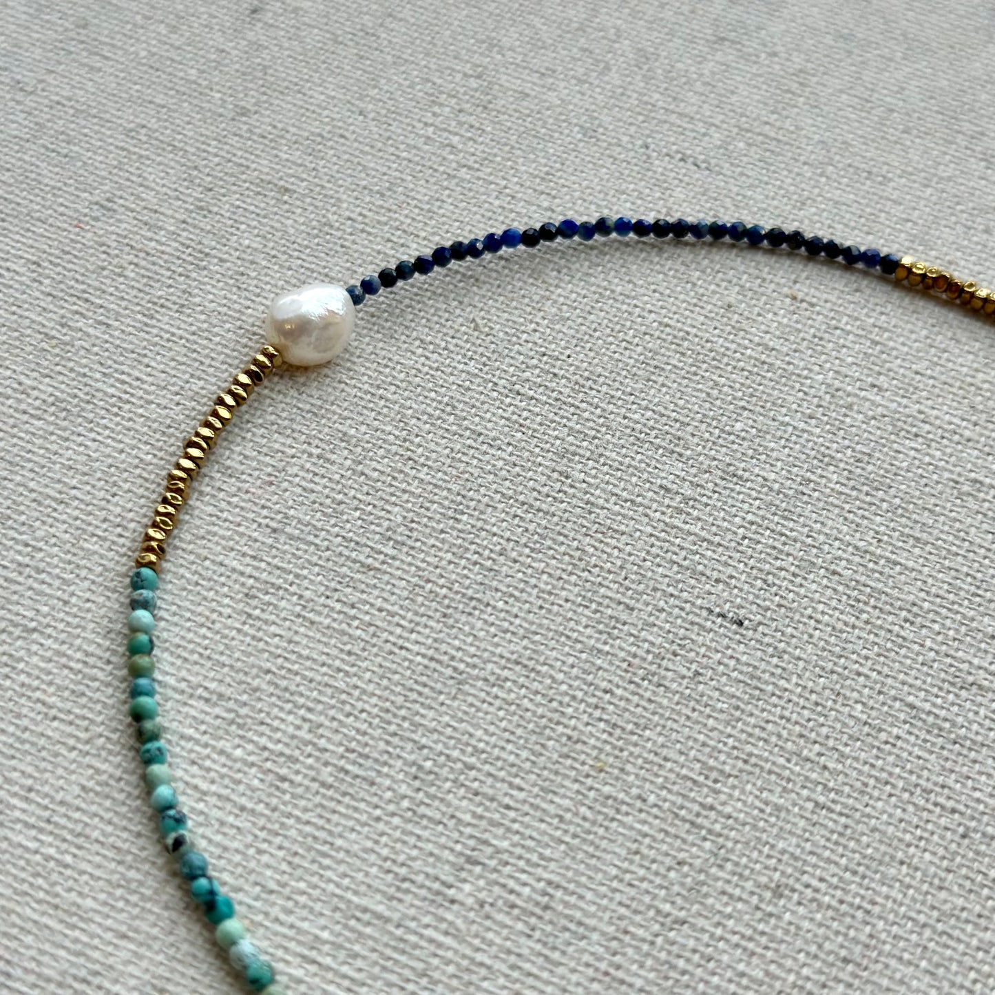 Turquoise And Lapis Mixed Freshwater Pearl Gold-plated Beaded Choker Necklace