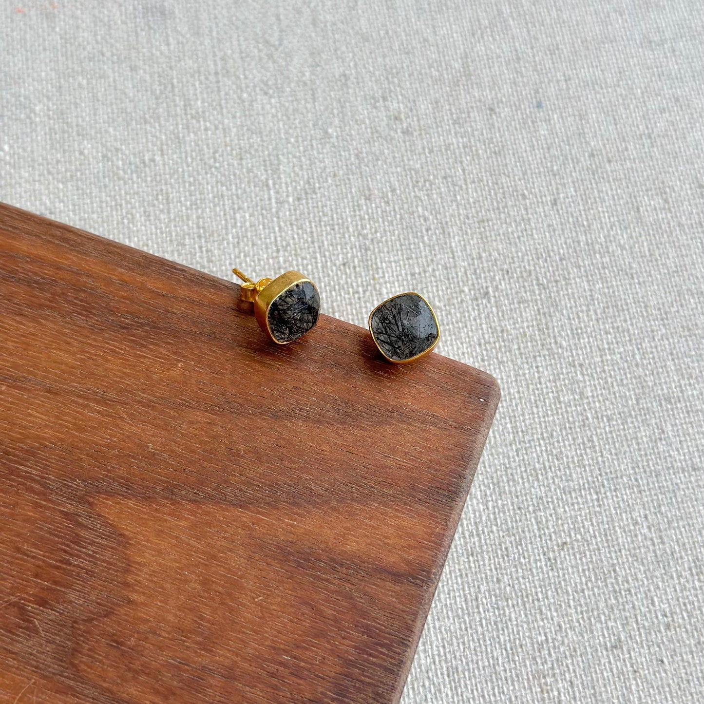 Black Rutilated Quartz Gold-plated Sterling Silver Ear Stud