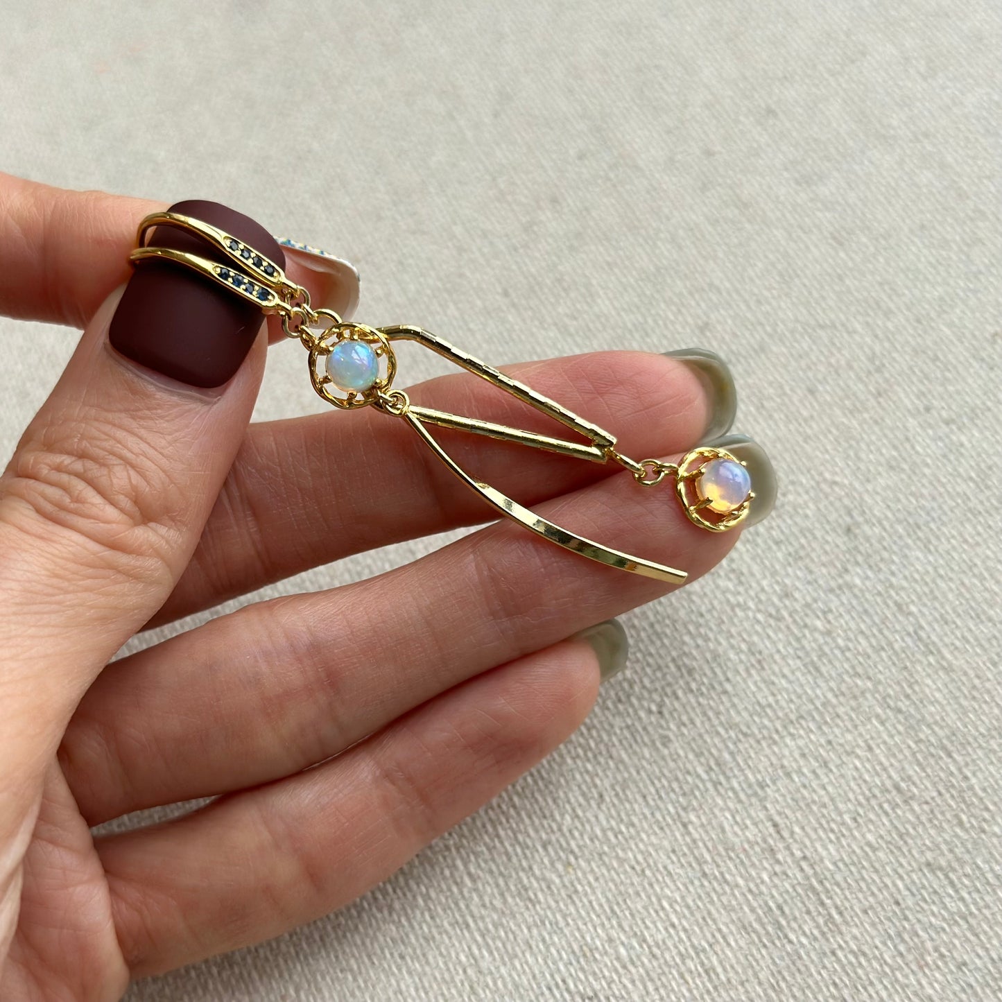 Opal and Sapphire Ear Hook Skinny Geometric Gold-plated Earring