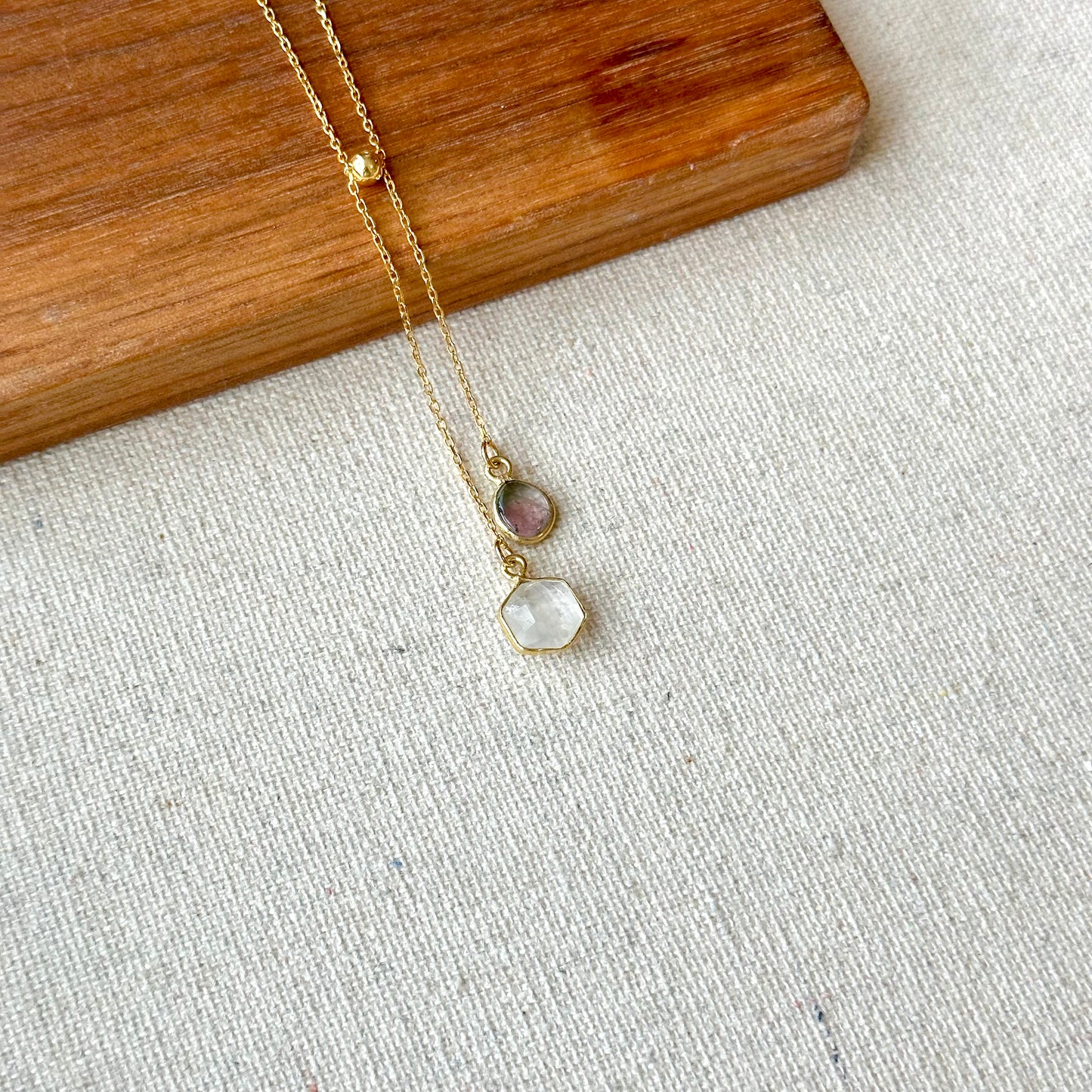 Watermelon Tourmaline And Moonstone Y-shaped Gold-plated Sterling Silver Necklace