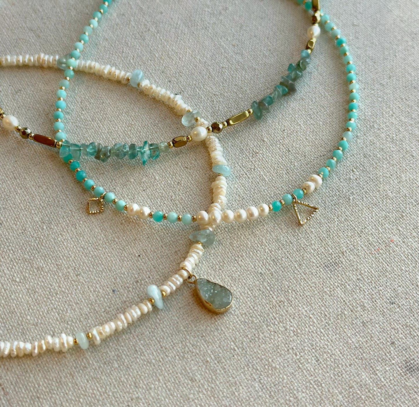 Druzy And Baroque Pearls Mixed Aquamarine Beaded Necklace