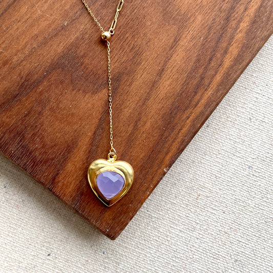 Lavender Chalcedony Heart Pendant Adjustable Y-shaped Gold-plated Necklace