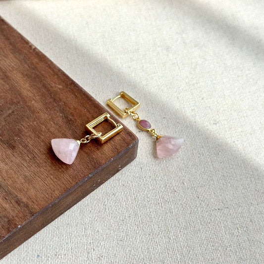 Rose Quartz And Watermelon Tourmalime Gold-plated Two-way Ear Hoop